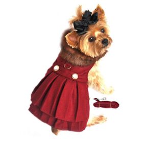 Wool Fur-Trimmed Dog Harness Coat (Color: Burgundy, Size: X-Small)