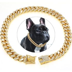 Dog Chain Crystal Artificial Diamondoid Dog Collar Walking Metal Chain Collar With Secure Buckle (Color: golden, Size: L)