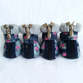 Pet Booties Set, 4 PCS Warm Winter Snow Stylish Shoes, Skid-Proof Anti Slip Sole Paw Protector with Zipper Star Design (Color: Pink, Size: M)