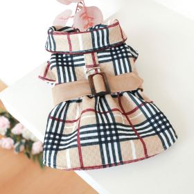 Pet Dress; Plaid Dog Dress With Belt; Winter Cat Dress Pet Clothes For Small Medium Dogs & Cats (Color: Dark Khaki, Size: M)