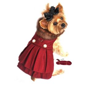 Wool Fur-Trimmed Dog Harness Coat (Color: Burgundy, Size: X-Large)