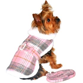 Sherpa-Lined Dog Harness Coat (Color: Pink & White Plaid, Size: X-Large)