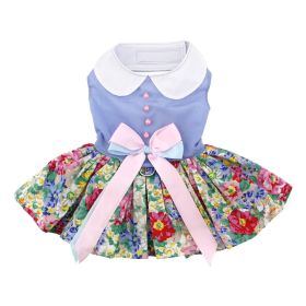 Blue and White Pastel Pearls Floral Dress with Matching Leash (Size: Large)