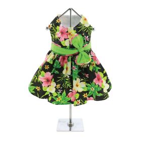 Twilight Black Hawaiian Hibiscus Dog Dress with Leash (Size: Large)